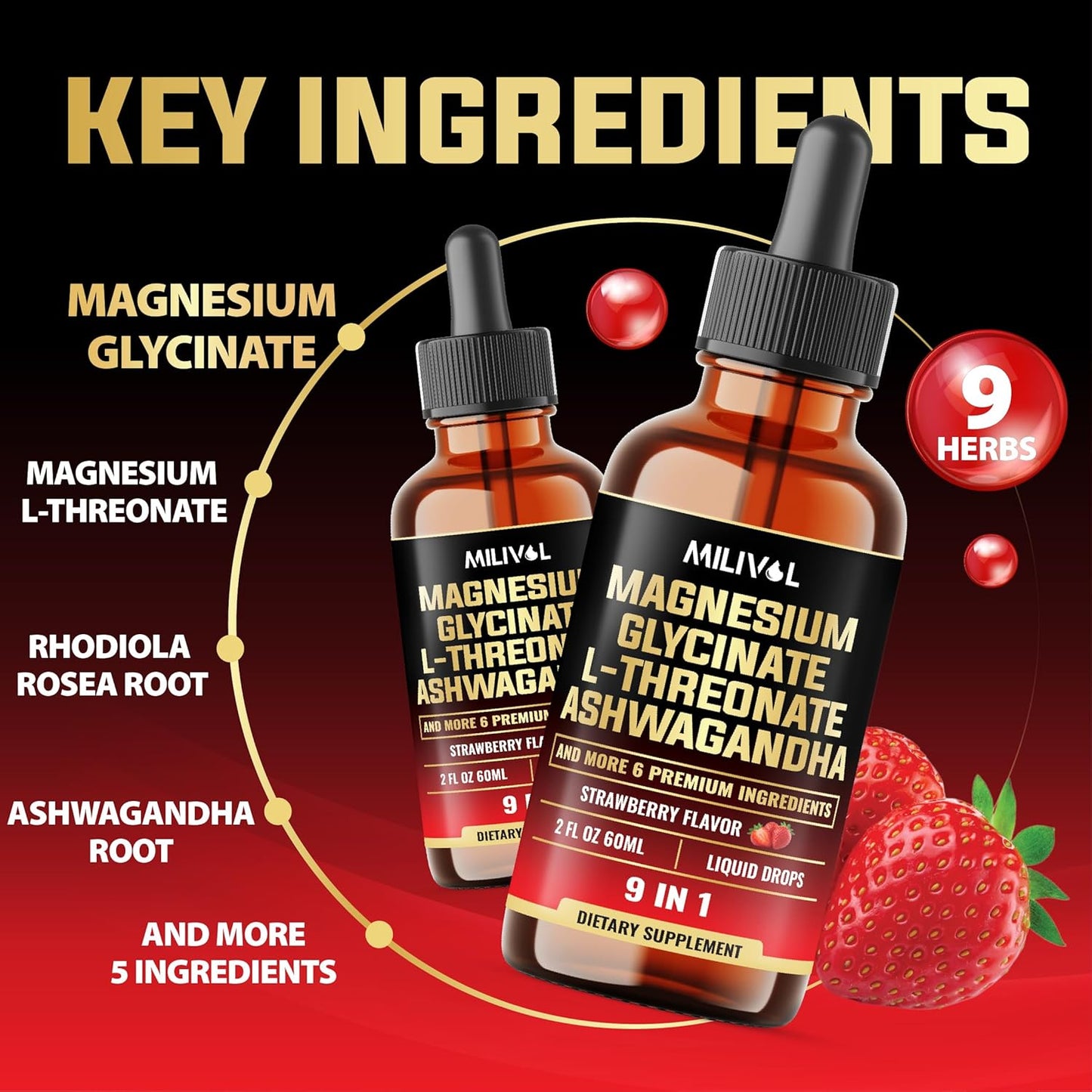9in1 Magnesium Glycinate Liquid Drops with Ashwagandha, Rhodiola Rosea, Lions Mane & More for Mind & Immune Support - 2 Month Supply - Strawberry Flavor - 2 Fl Oz