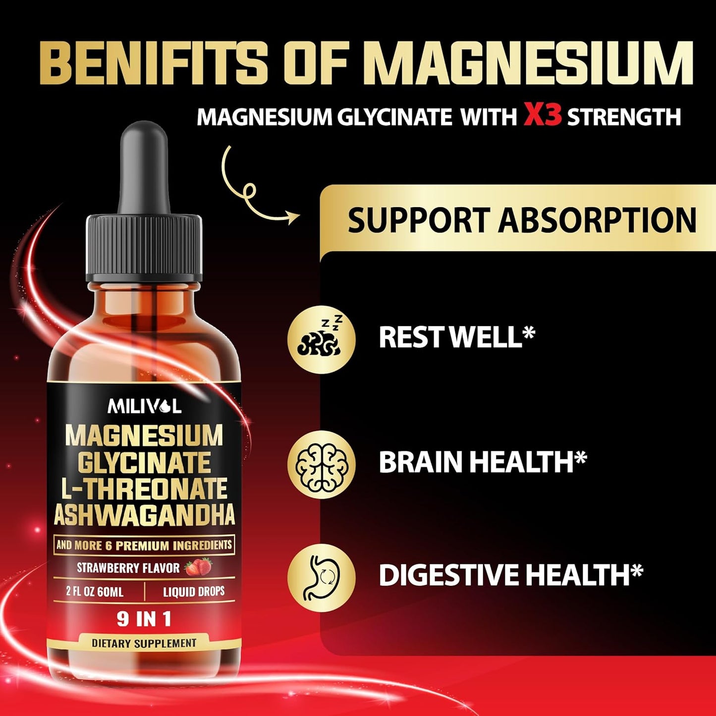 9in1 Magnesium Glycinate Liquid Drops with Ashwagandha, Rhodiola Rosea, Lions Mane & More for Mind & Immune Support - 2 Month Supply - Strawberry Flavor - 2 Fl Oz