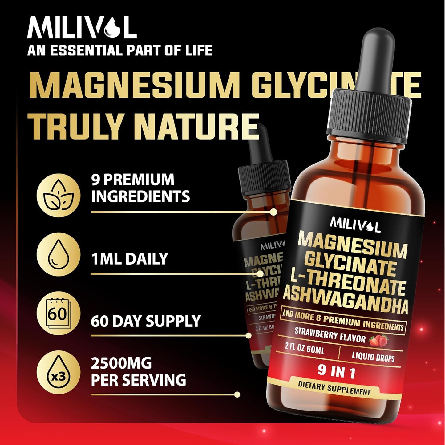 9in1 Magnesium Glycinate Liquid Drops with Ashwagandha, Rhodiola Rosea, Lions Mane & More for Mind & Immune Support - 2 Month Supply - Strawberry Flavor - 2 Fl Oz