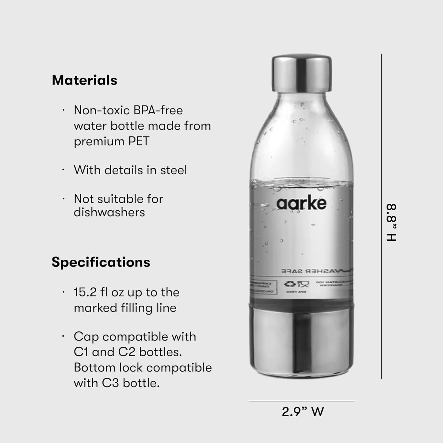aarke Extra PET Stainless Steel Reusable Bottle for Carbonator l, ll, and 3 - BPA-Free, Non-Toxic, 450mL, 2-Pack