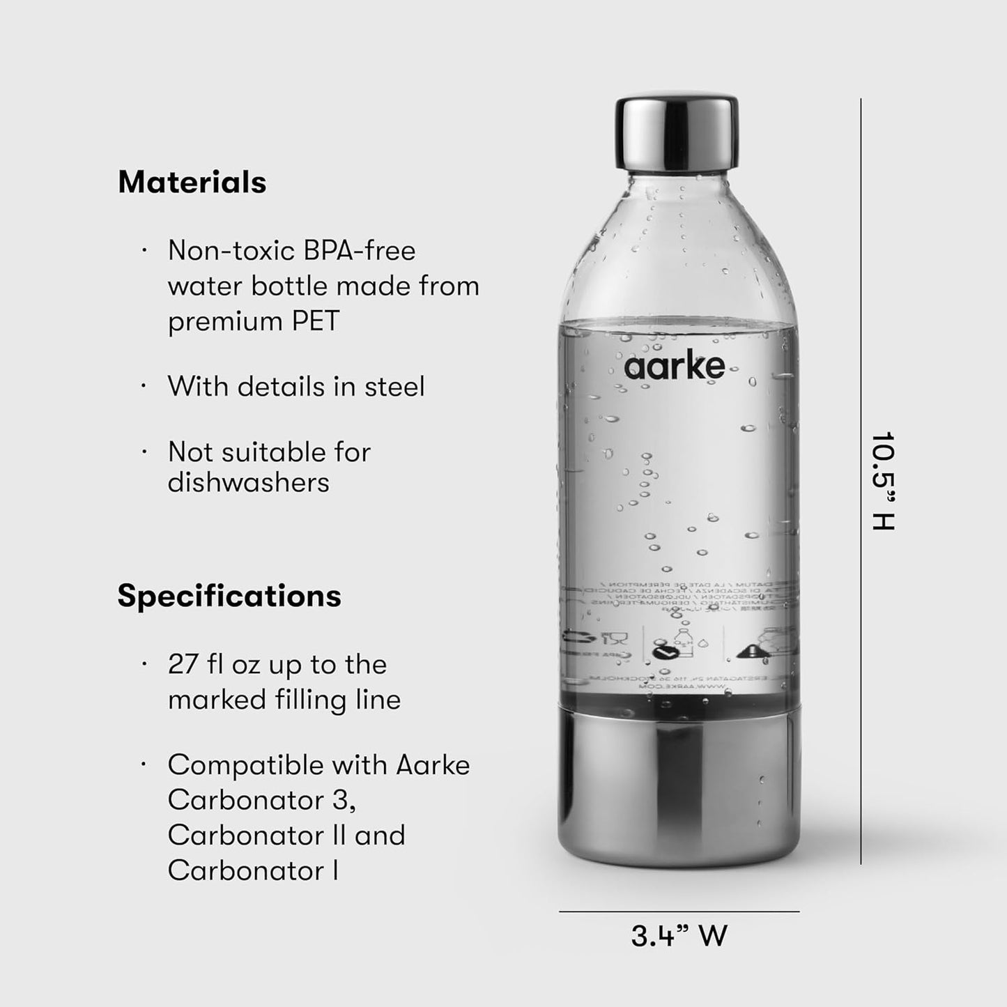 Aarke Extra PET Stainless Steel Reusable Bottle Set for Aarke Carbonators 1, 2, and 3 - BPA-Free, Non-Toxic, 800ml - Pack of 2