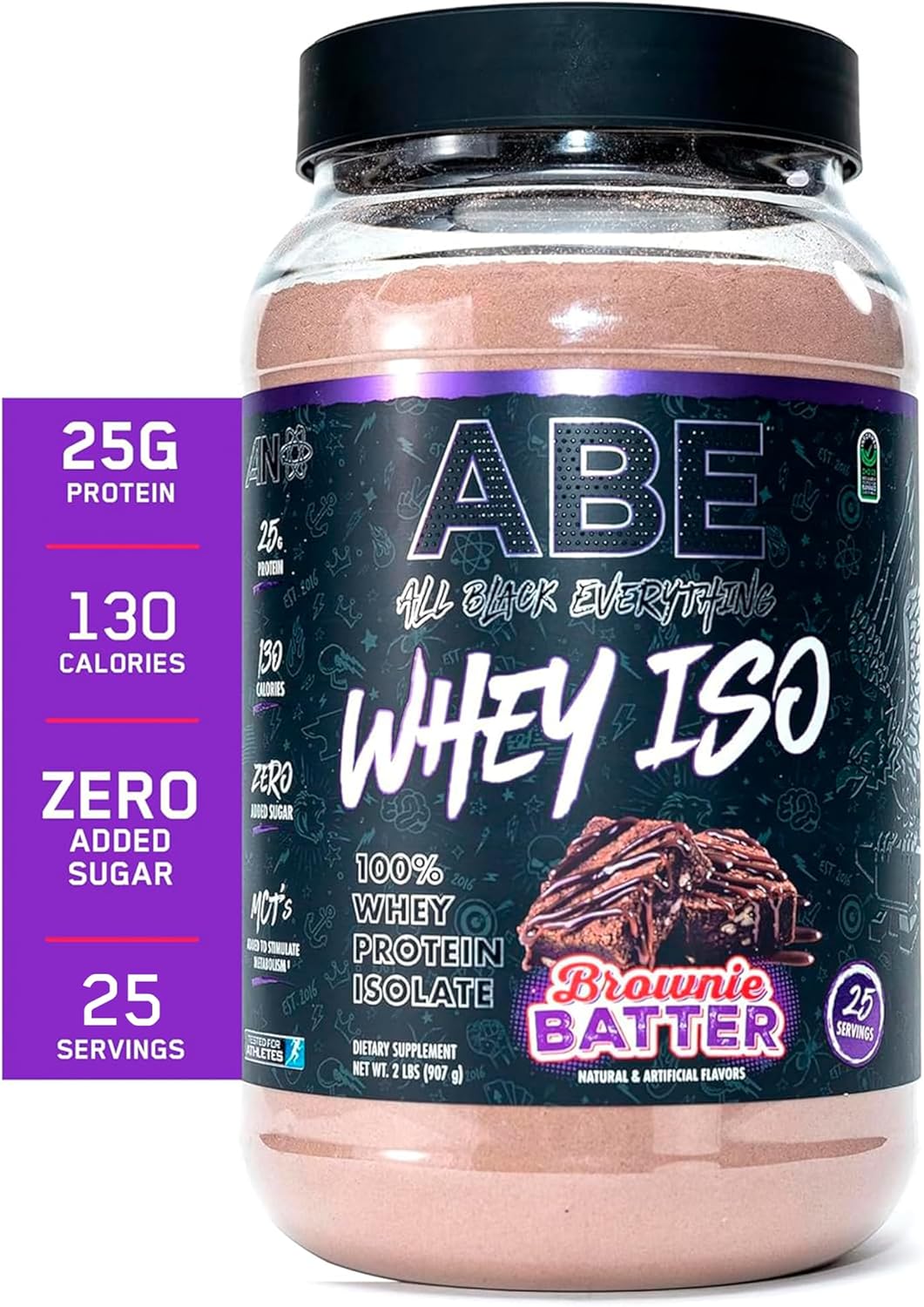 ABE All Black Everything Brownie Batter Whey Protein Powder | 25g Protein | 27 Servings | Isolate with Low Carbs, Sugar, & MCTs