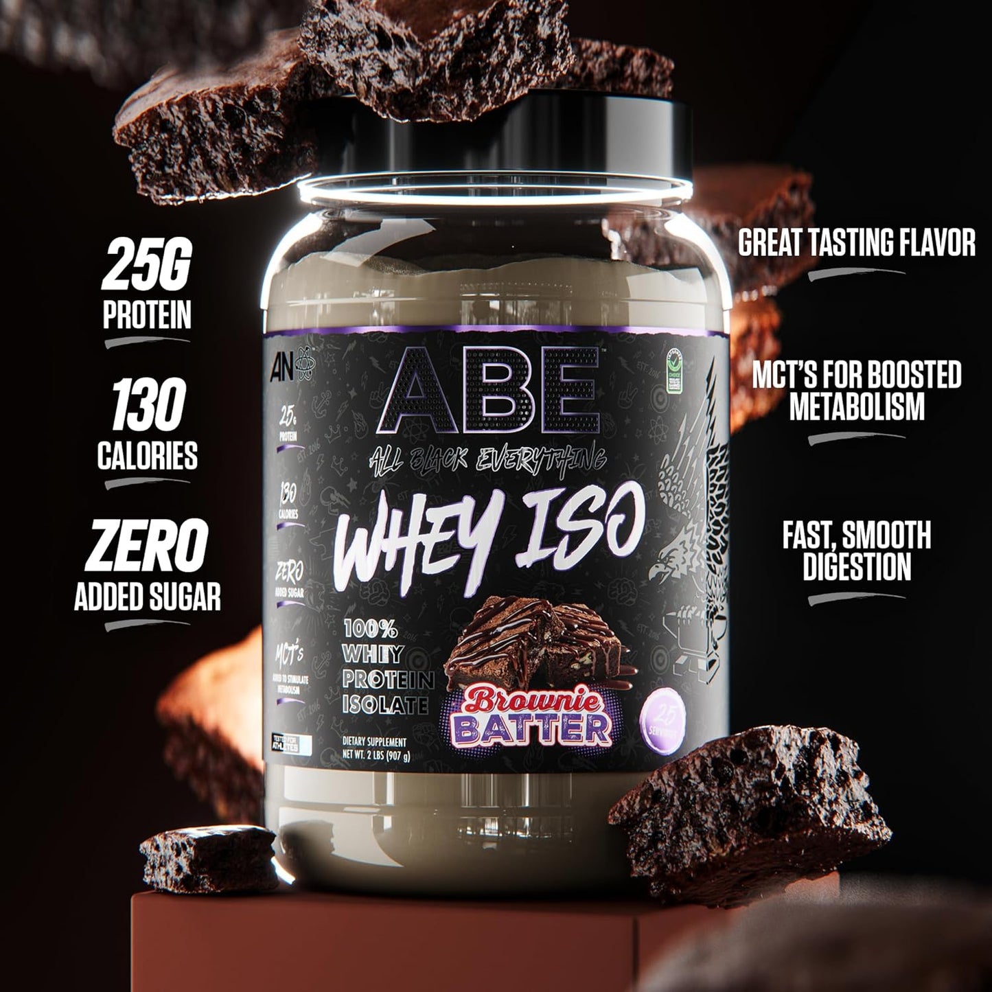 ABE All Black Everything Brownie Batter Whey Protein Powder | 25g Protein | 27 Servings | Isolate with Low Carbs, Sugar, & MCTs