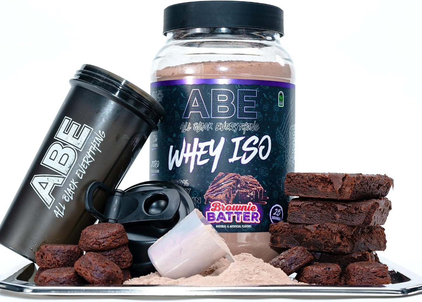 ABE All Black Everything Brownie Batter Whey Protein Powder | 25g Protein | 27 Servings | Isolate with Low Carbs, Sugar, & MCTs