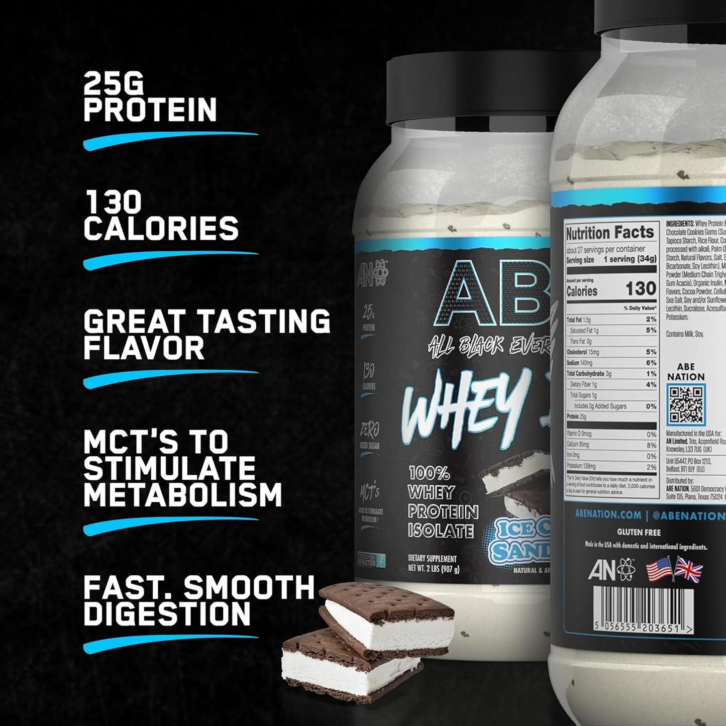 ABE All Black Everything Whey Protein Powder - Ice Cream Sandwich Flavor - 25g Protein, 27 Servings, Isolate, Low Carbs & Sugar, MCTs