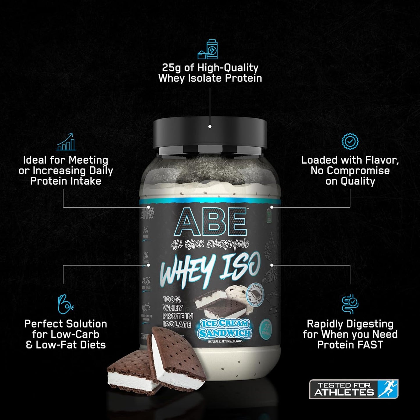 ABE All Black Everything Whey Protein Powder - Ice Cream Sandwich Flavor - 25g Protein, 27 Servings, Isolate, Low Carbs & Sugar, MCTs