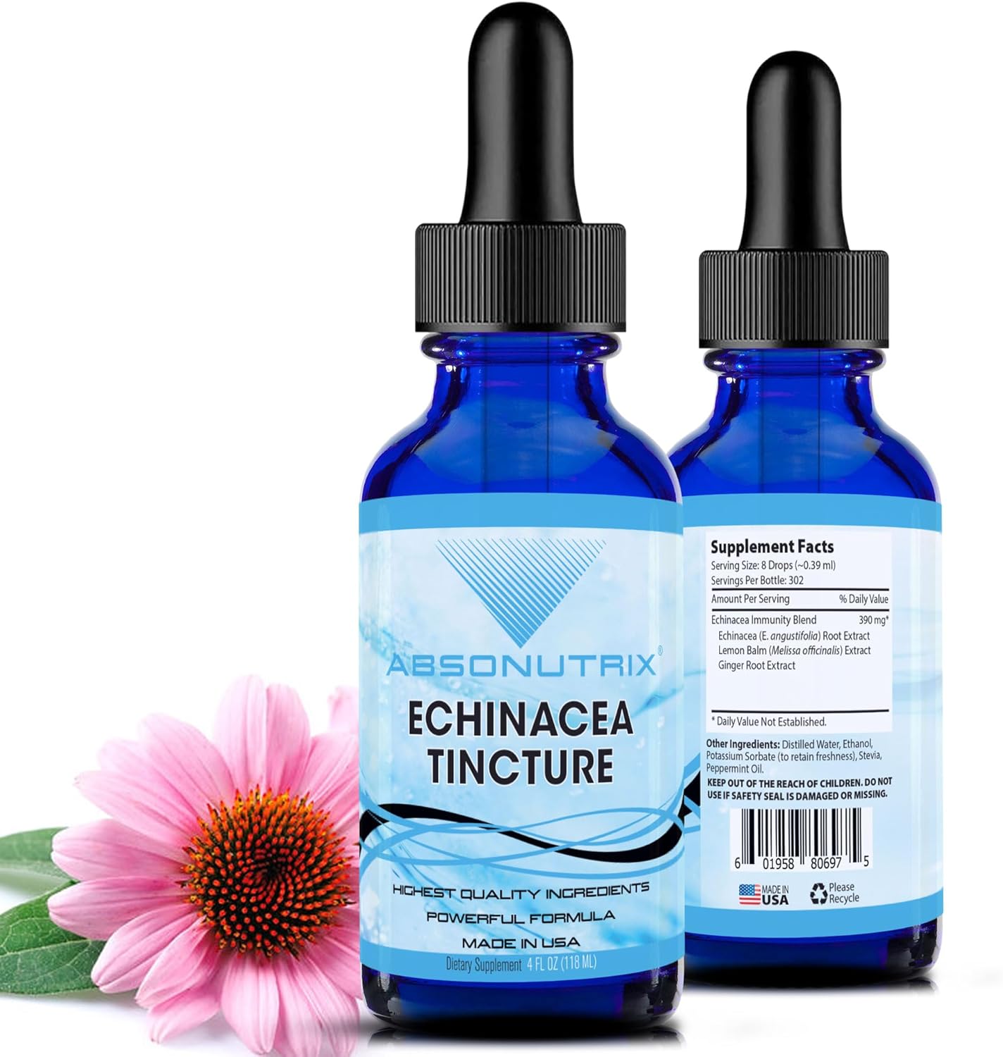 Absonutrix Echinacea Tincture 390mg Advanced Formula Liquid - 4oz, 302 Servings - USA Made, Quick Absorption, Potent Ingredients, Non-GMO - GMP Certified, Cruelty-Free