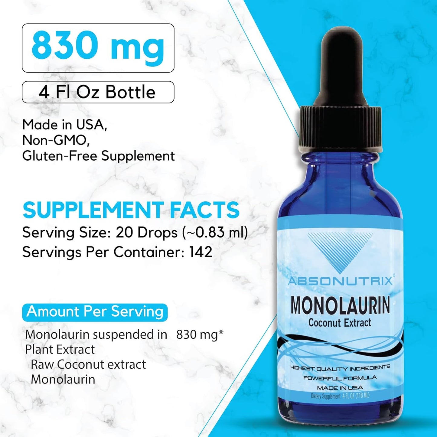 Absonutrix Monolaurin Liquid Extract - 4oz, 830mg, 142 Servings, USA Made, Quick Absorption, Non-GMO, GMP Certified, Cruelty-Free