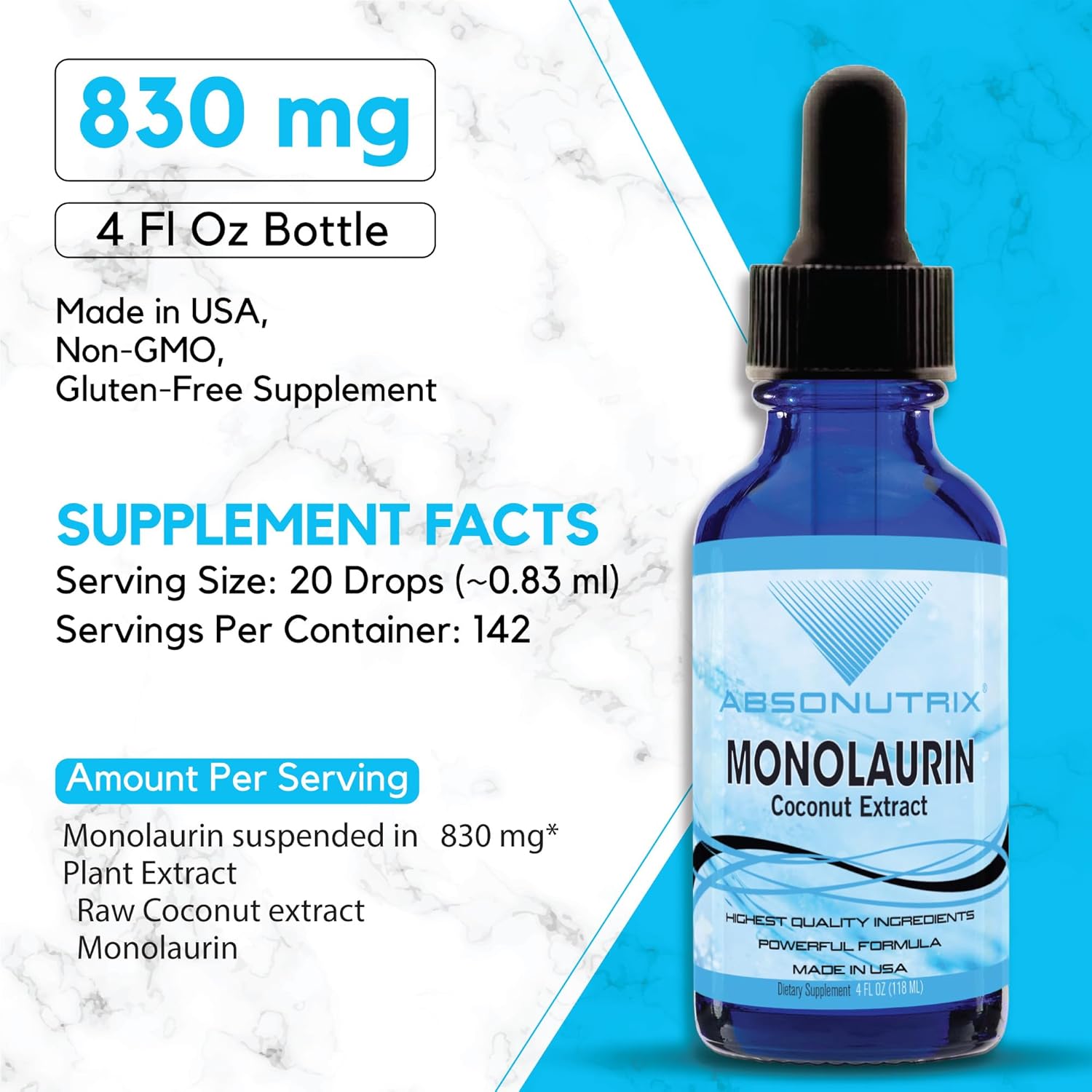 Absonutrix Monolaurin Liquid Extract - 4oz, 830mg, 142 Servings, USA Made, Quick Absorption, Non-GMO, GMP Certified, Cruelty-Free