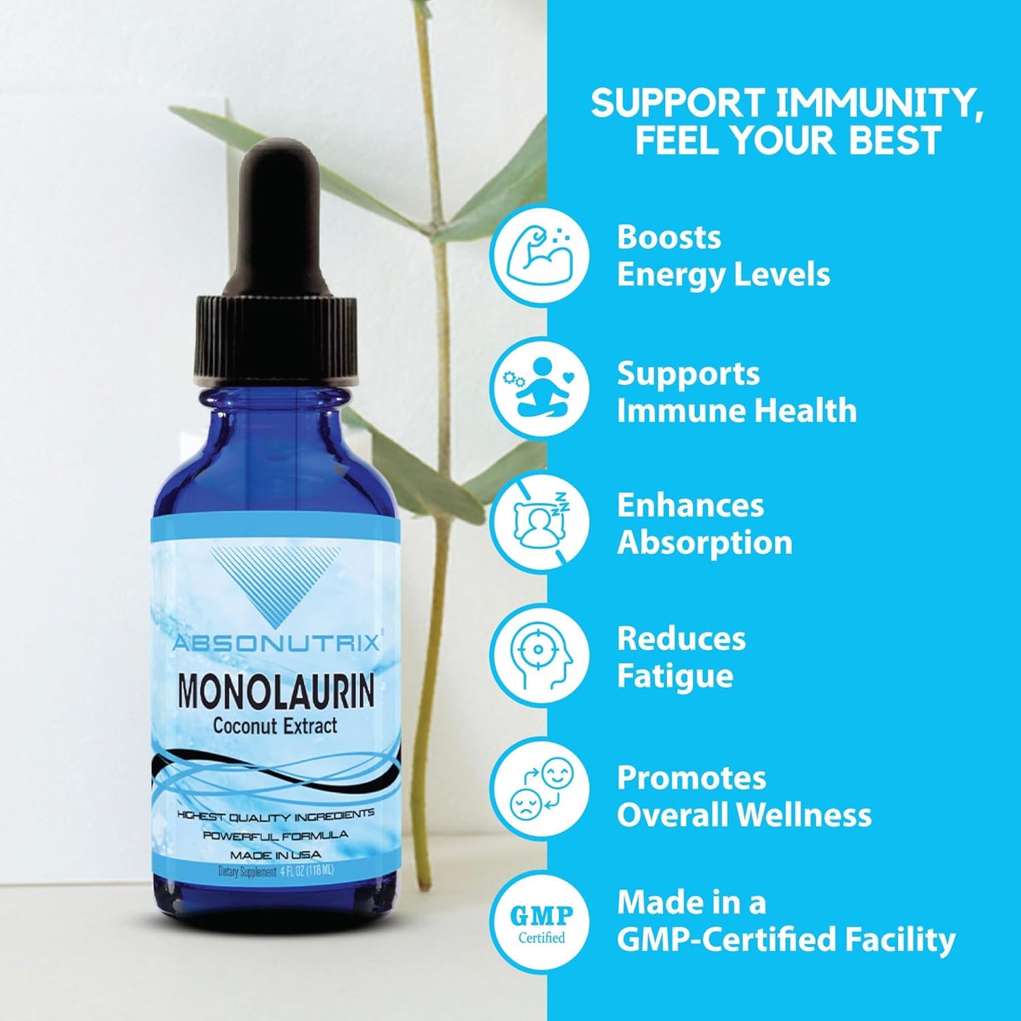 Absonutrix Monolaurin Liquid Extract - 4oz, 830mg, 142 Servings, USA Made, Quick Absorption, Non-GMO, GMP Certified, Cruelty-Free