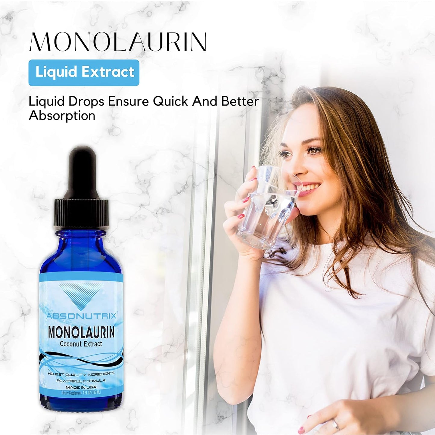 Absonutrix Monolaurin Liquid Extract - 4oz, 830mg, 142 Servings, USA Made, Quick Absorption, Non-GMO, GMP Certified, Cruelty-Free