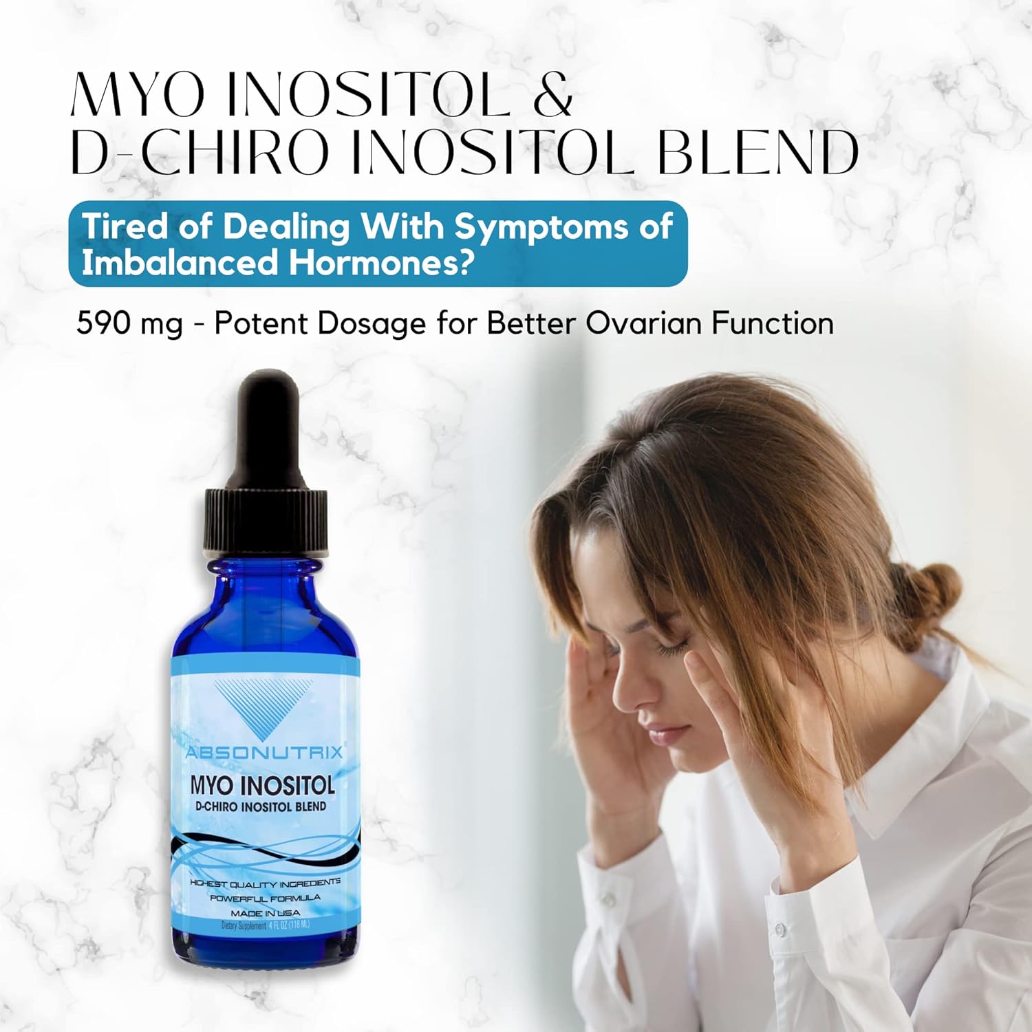 Absonutrix Myo Inositol & D-Chiro Inositol Blend Drops - 590mg, 4 Fl Oz - 200 Servings, High Bioavailability, Fast Absorption - GMP-Certified, Non-GMO, USA-Made