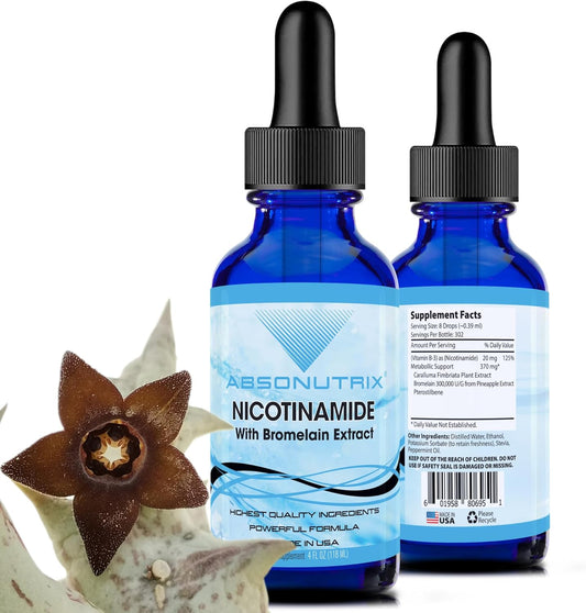 Absonutrix Nicotinamide with Bromelain Extract Liquid - Advanced Formula 390 mg, 4 Oz, 302 Servings - Made in USA - Quick Absorption - Non-GMO - GMP Certified