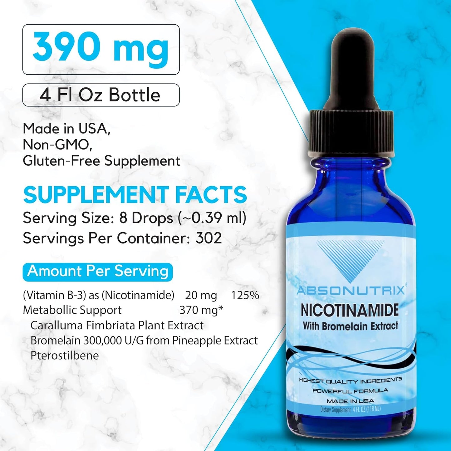 Absonutrix Nicotinamide with Bromelain Extract Liquid - Advanced Formula 390 mg, 4 Oz, 302 Servings - Made in USA - Quick Absorption - Non-GMO - GMP Certified