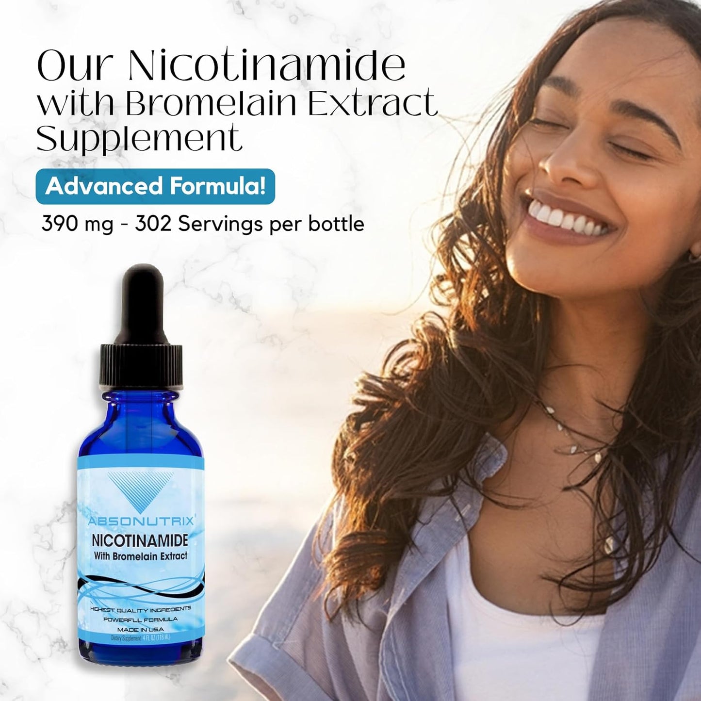 Absonutrix Nicotinamide with Bromelain Extract Liquid - Advanced Formula 390 mg, 4 Oz, 302 Servings - Made in USA - Quick Absorption - Non-GMO - GMP Certified