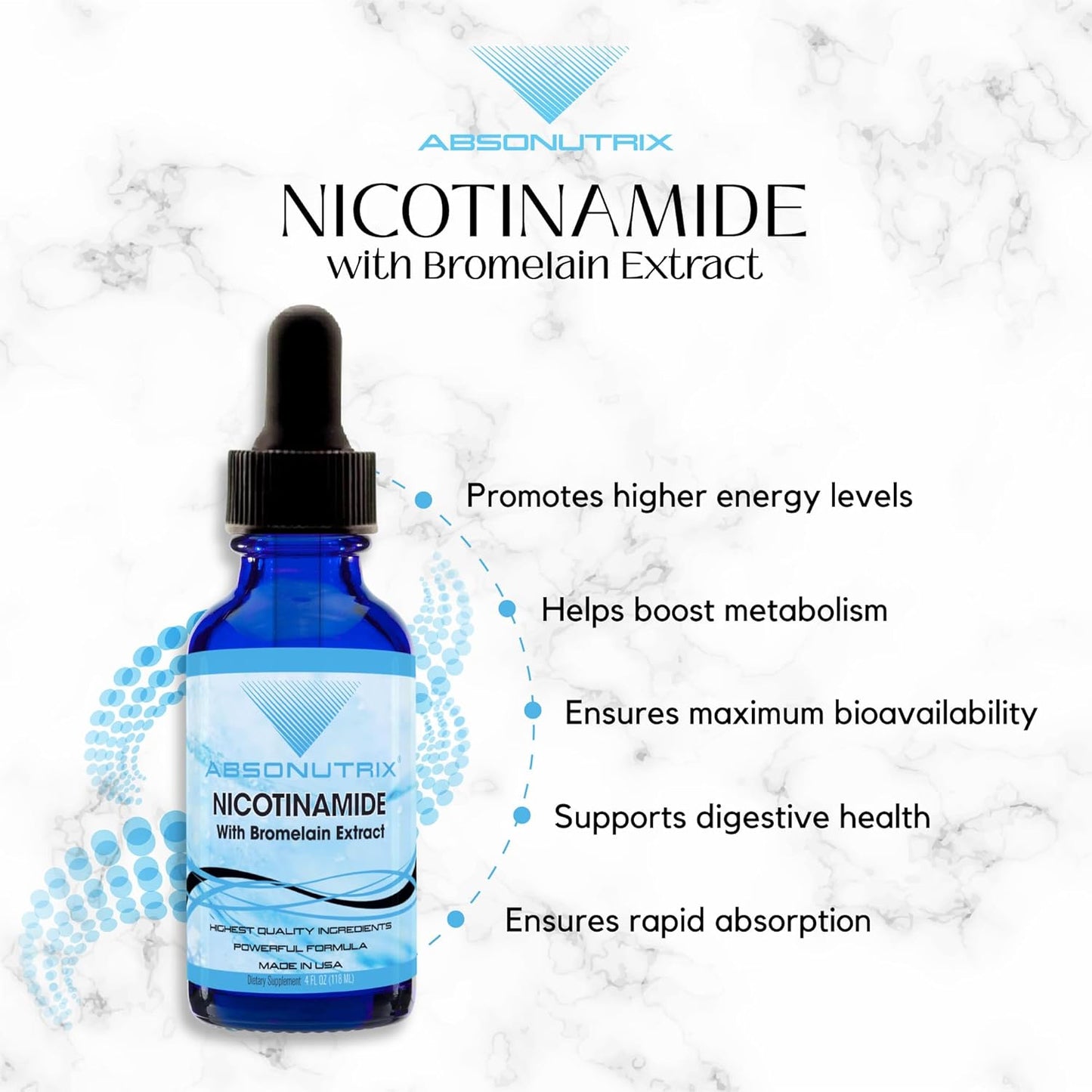 Absonutrix Nicotinamide with Bromelain Extract Liquid - Advanced Formula 390 mg, 4 Oz, 302 Servings - Made in USA - Quick Absorption - Non-GMO - GMP Certified