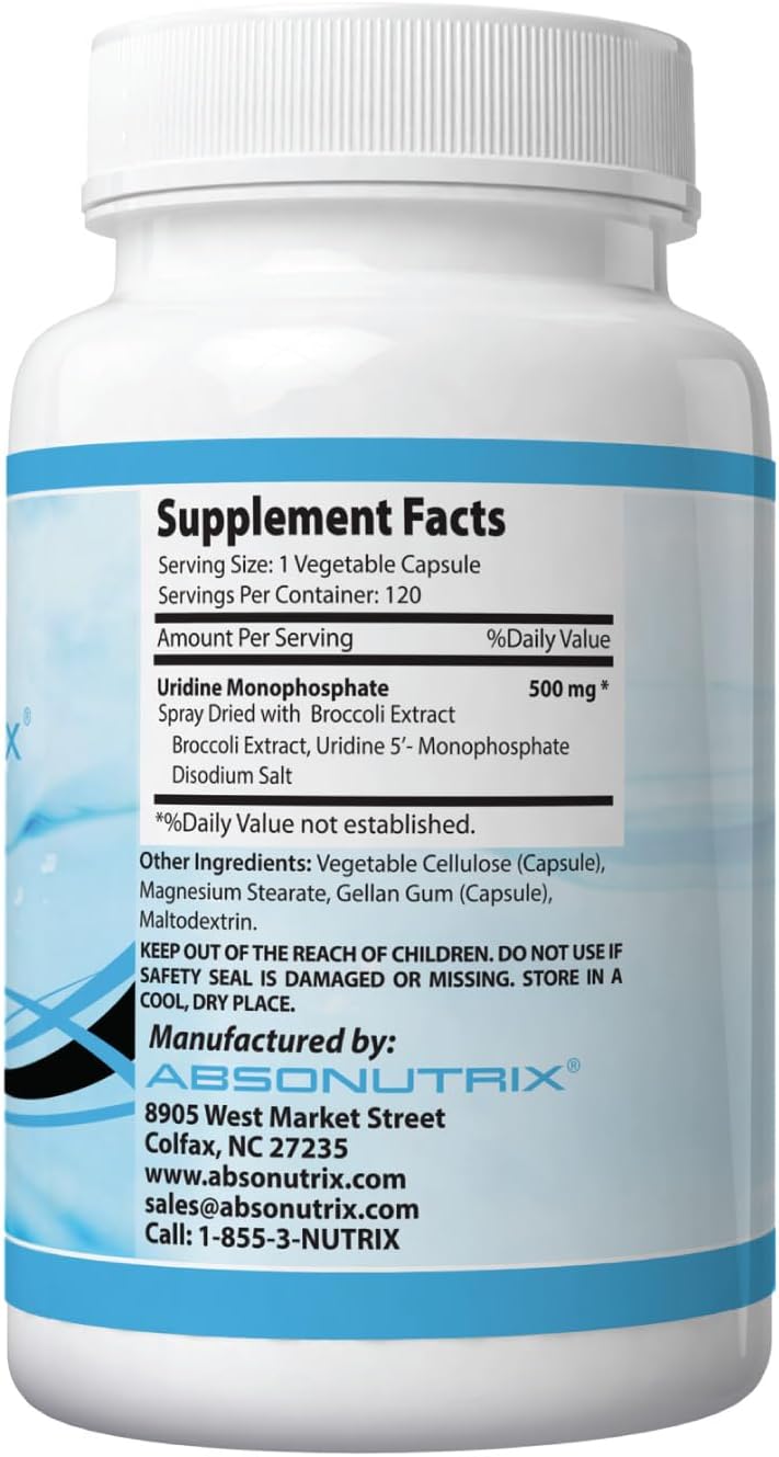 Absonutrix Uridine Monophosphate Capsules 500mg - 120 Vegetable Capsules - Memory Support - Made in USA