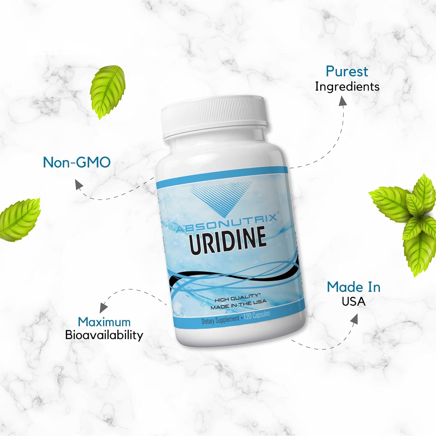 Absonutrix Uridine Monophosphate Capsules 500mg - 120 Vegetable Capsules - Memory Support - Made in USA