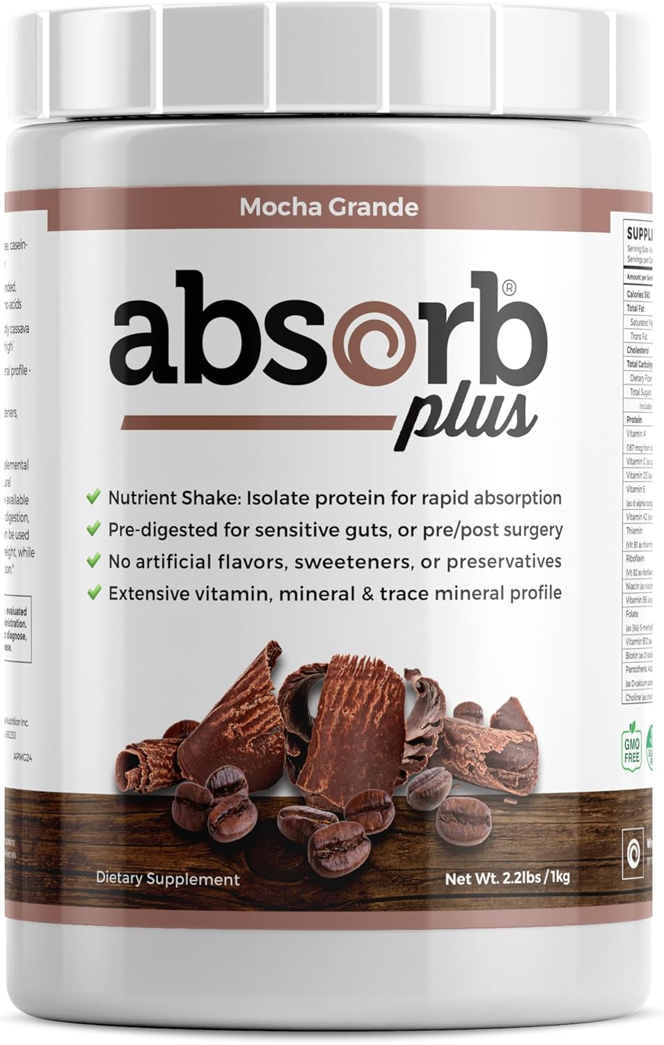Absorb Plus Isolate Protein - 2.2 Lbs Mocha Grande - Non-GMO, Gluten-Free, Lactose-Free, Casein-Free - Supports Gut Health & Nutrition
