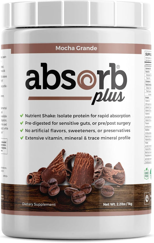 Absorb Plus Isolate Protein - 2.2 Lbs Mocha Grande - Non-GMO, Gluten-Free, Lactose-Free, Casein-Free - Supports Gut Health & Nutrition
