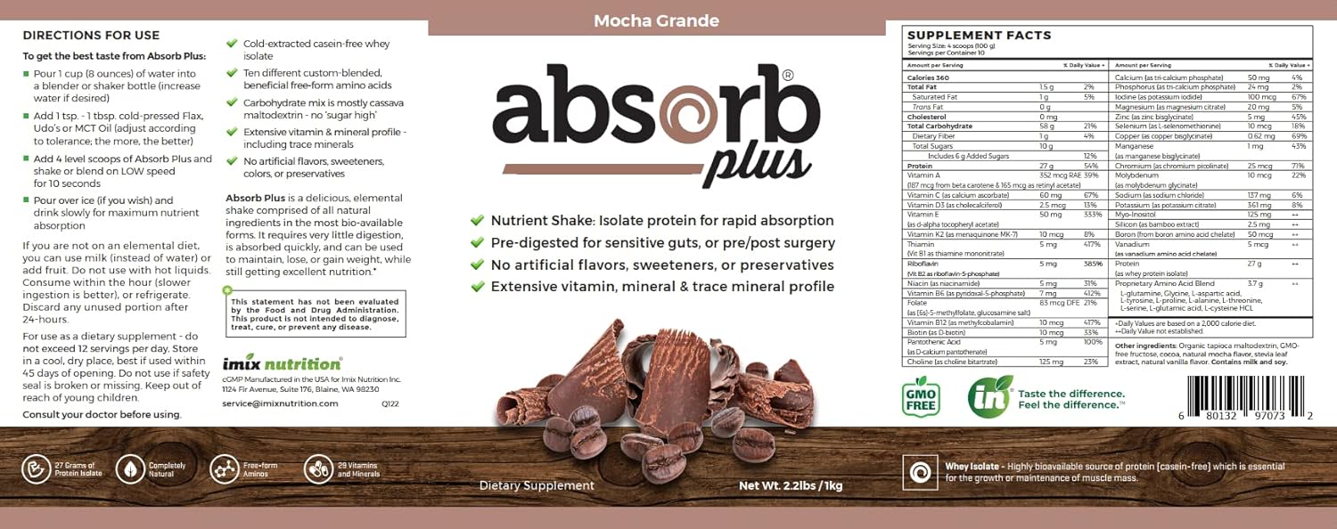 Absorb Plus Isolate Protein - 2.2 Lbs Mocha Grande - Non-GMO, Gluten-Free, Lactose-Free, Casein-Free - Supports Gut Health & Nutrition