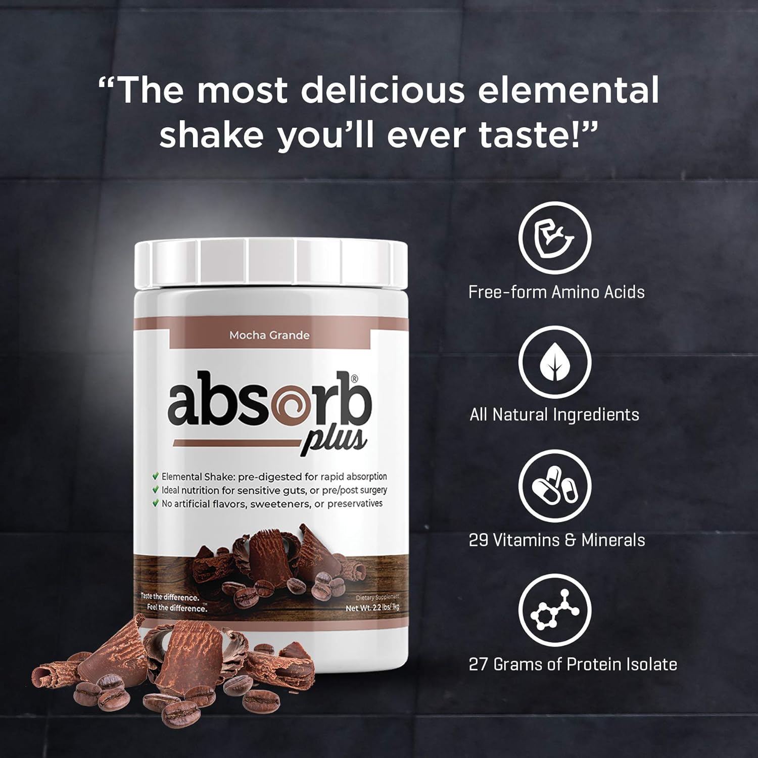 Absorb Plus Isolate Protein - 2.2 Lbs Mocha Grande - Non-GMO, Gluten-Free, Lactose-Free, Casein-Free - Supports Gut Health & Nutrition