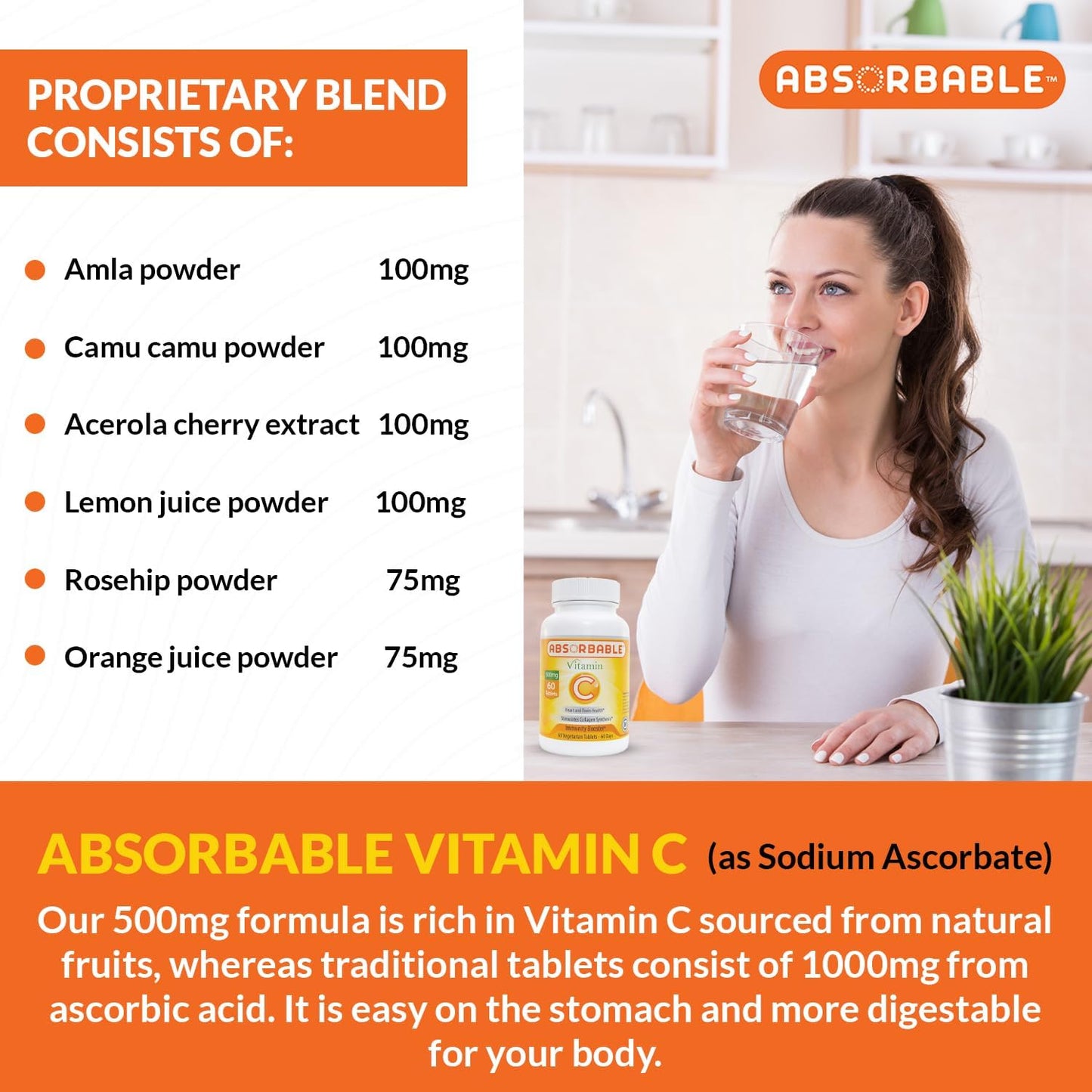 Absorbable Vitamin C 500mg Tablets with Rose Hip & 6 Natural Sources, Proprietary Blend by Nutritional Research Co, 60 Count