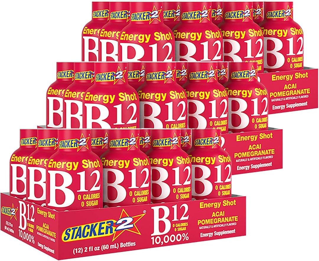 Acai & Pomegranate Liquid Energy Shots with Vitamin B Complex B12 B6 B3 - 2oz, Pack of 36 - High Cyanocobalamin Content