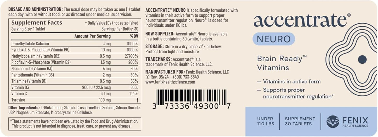Accentrate Neuro - Brain-Optimizing B-Complex Supplement with Essential Cofactors - L-methylfolate, Methylcobalamin, Pyridoxal-5'-Phosphate - 30 Tablets