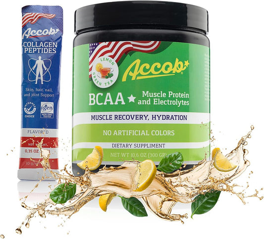 ACCOB BCAA Powder Lemon Green Tea for Muscle Recovery & Energy, 7.2g BCCAs + Electrolytes, Pre or Post Workout Drink with Collagen Peptides - 30 Servings