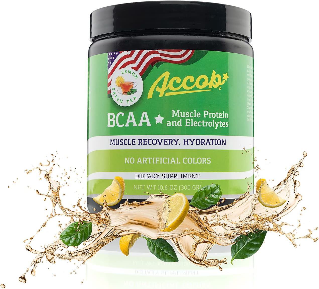 ACCOB BCAA Powder Lemon Green Tea for Muscle Recovery & Energy, 7.2g BCCAs + Electrolytes, Pre or Post Workout Drink with Collagen Peptides - 30 Servings