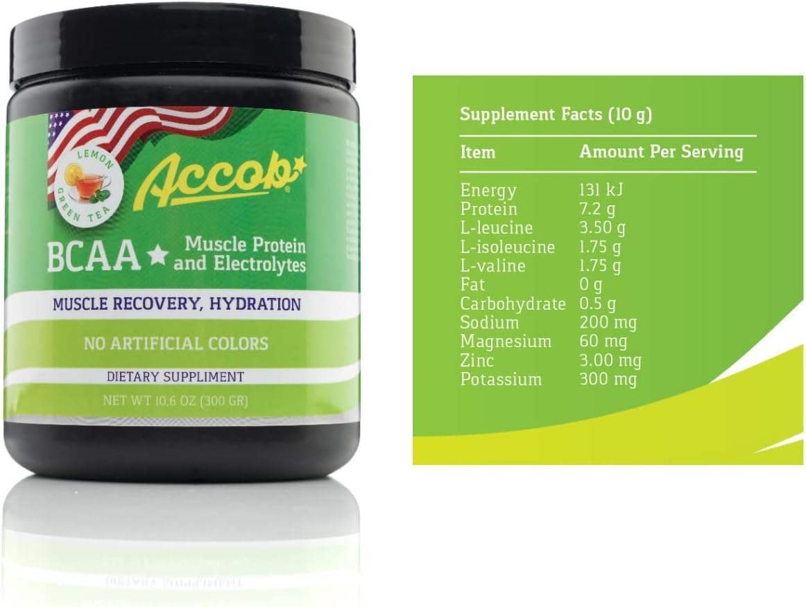 ACCOB BCAA Powder Lemon Green Tea for Muscle Recovery & Energy, 7.2g BCCAs + Electrolytes, Pre or Post Workout Drink with Collagen Peptides - 30 Servings