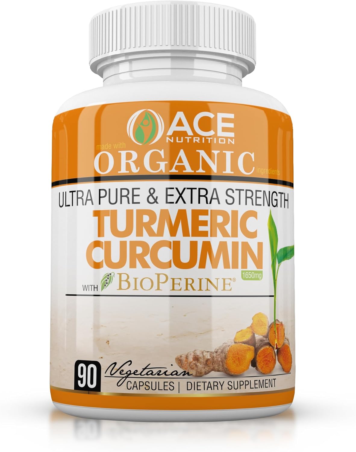 ACE NUTRITION Turmeric Curcumin Capsules with Black Pepper and Bioperine - 90 Count Vegan Supplements - 1650 mg Non-GMO Turmeric Formula