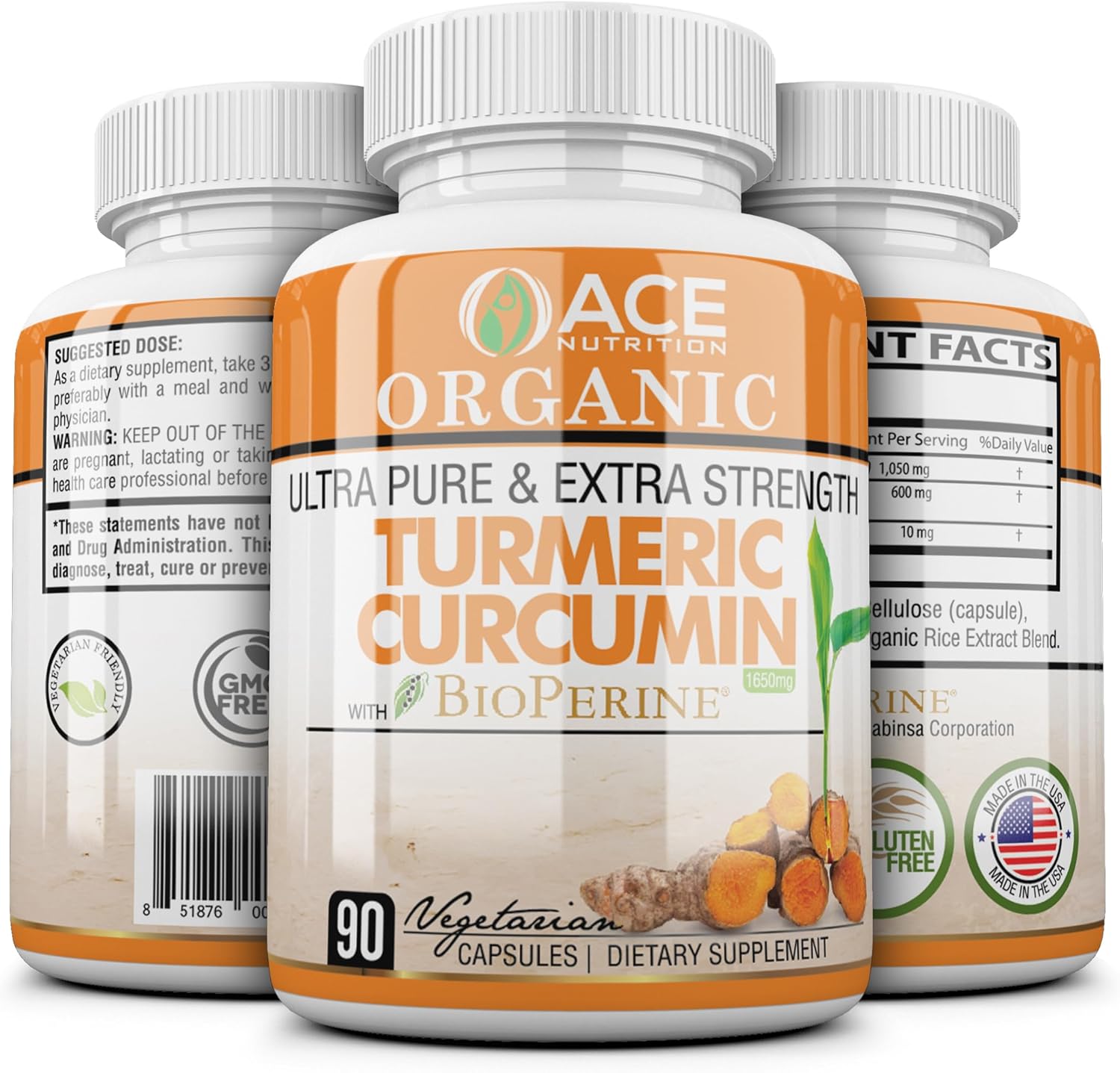 ACE NUTRITION Turmeric Curcumin Capsules with Black Pepper and Bioperine - 90 Count Vegan Supplements - 1650 mg Non-GMO Turmeric Formula