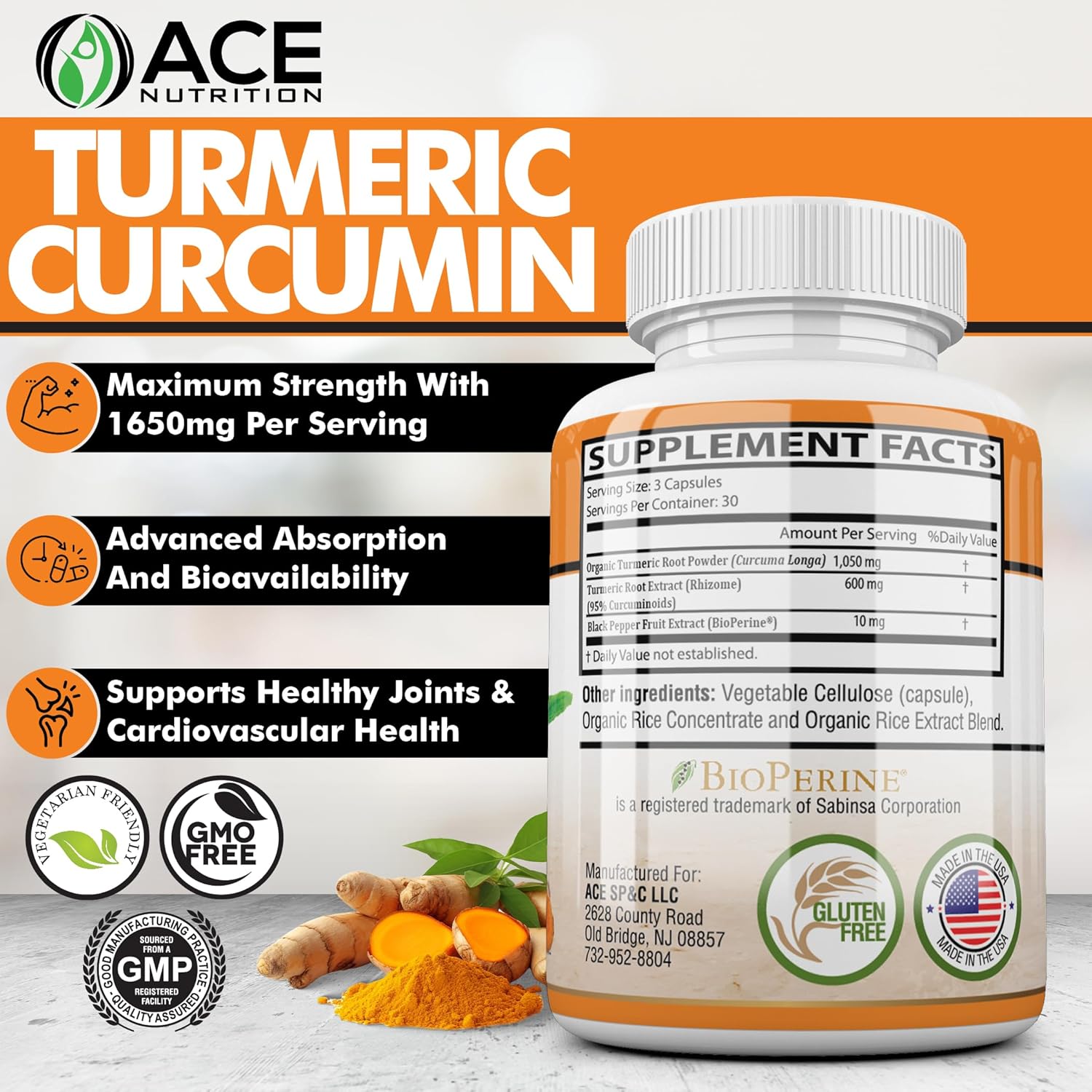 ACE NUTRITION Turmeric Curcumin Capsules with Black Pepper and Bioperine - 90 Count Vegan Supplements - 1650 mg Non-GMO Turmeric Formula