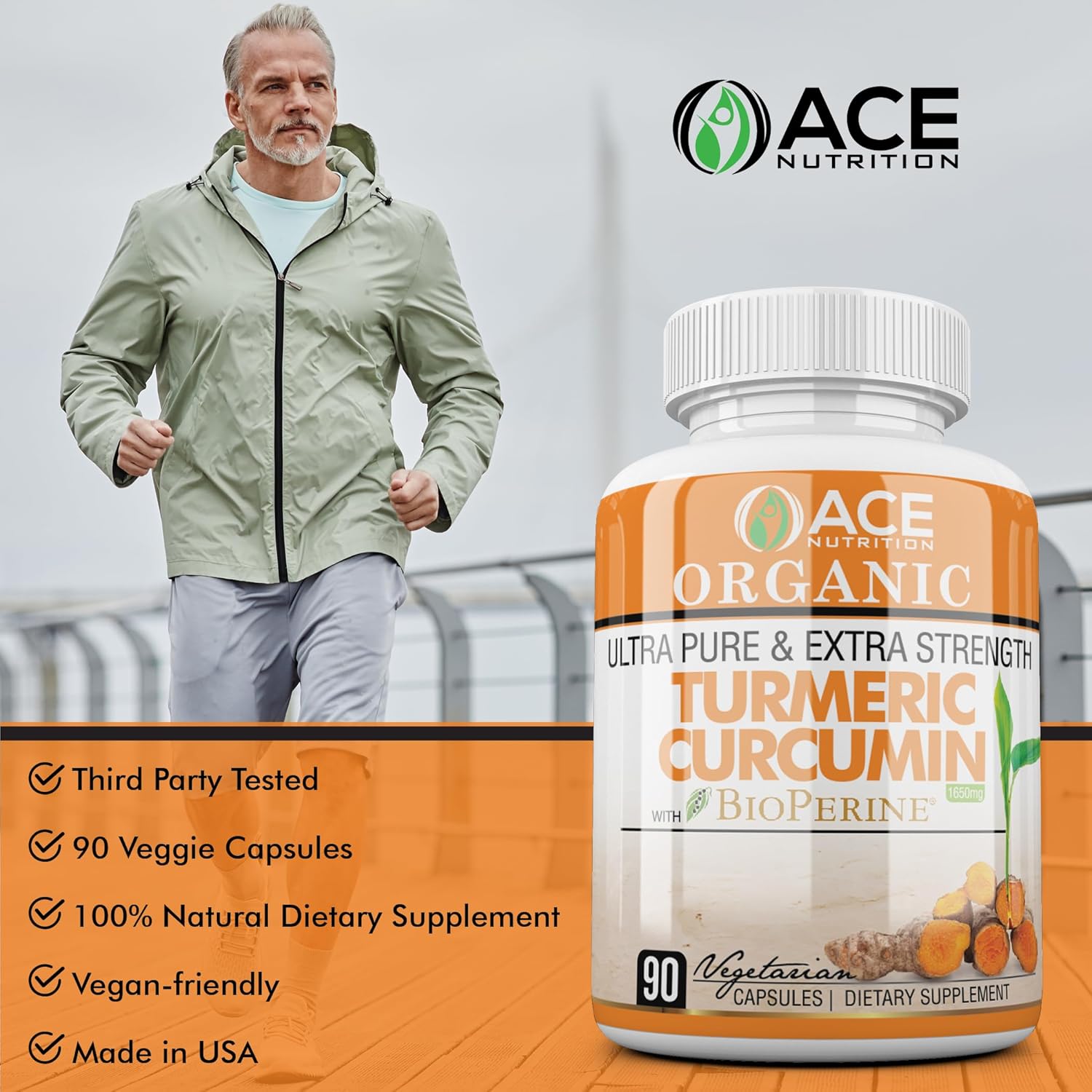 ACE NUTRITION Turmeric Curcumin Capsules with Black Pepper and Bioperine - 90 Count Vegan Supplements - 1650 mg Non-GMO Turmeric Formula