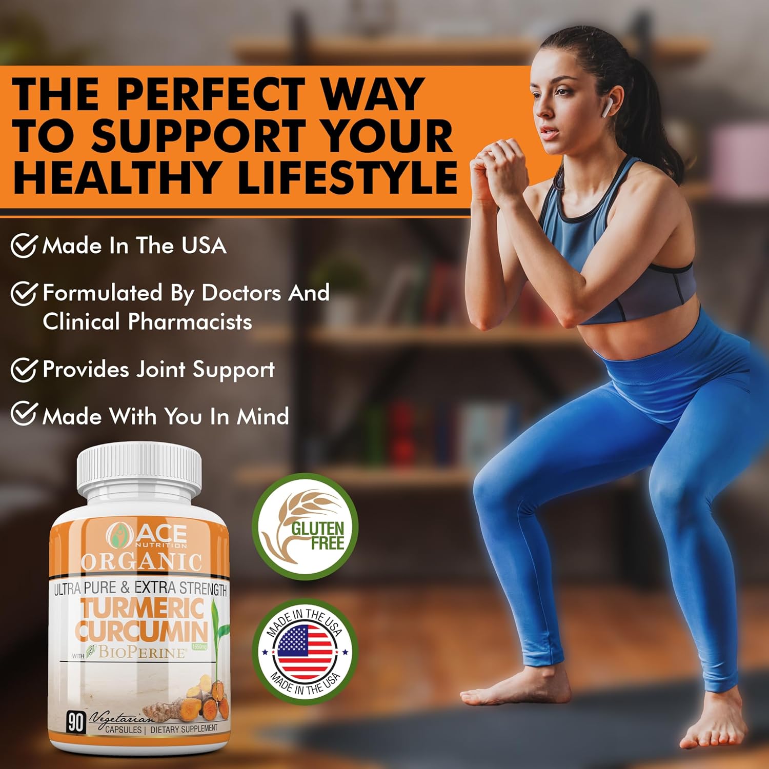 ACE NUTRITION Turmeric Curcumin Capsules with Black Pepper and Bioperine - 90 Count Vegan Supplements - 1650 mg Non-GMO Turmeric Formula