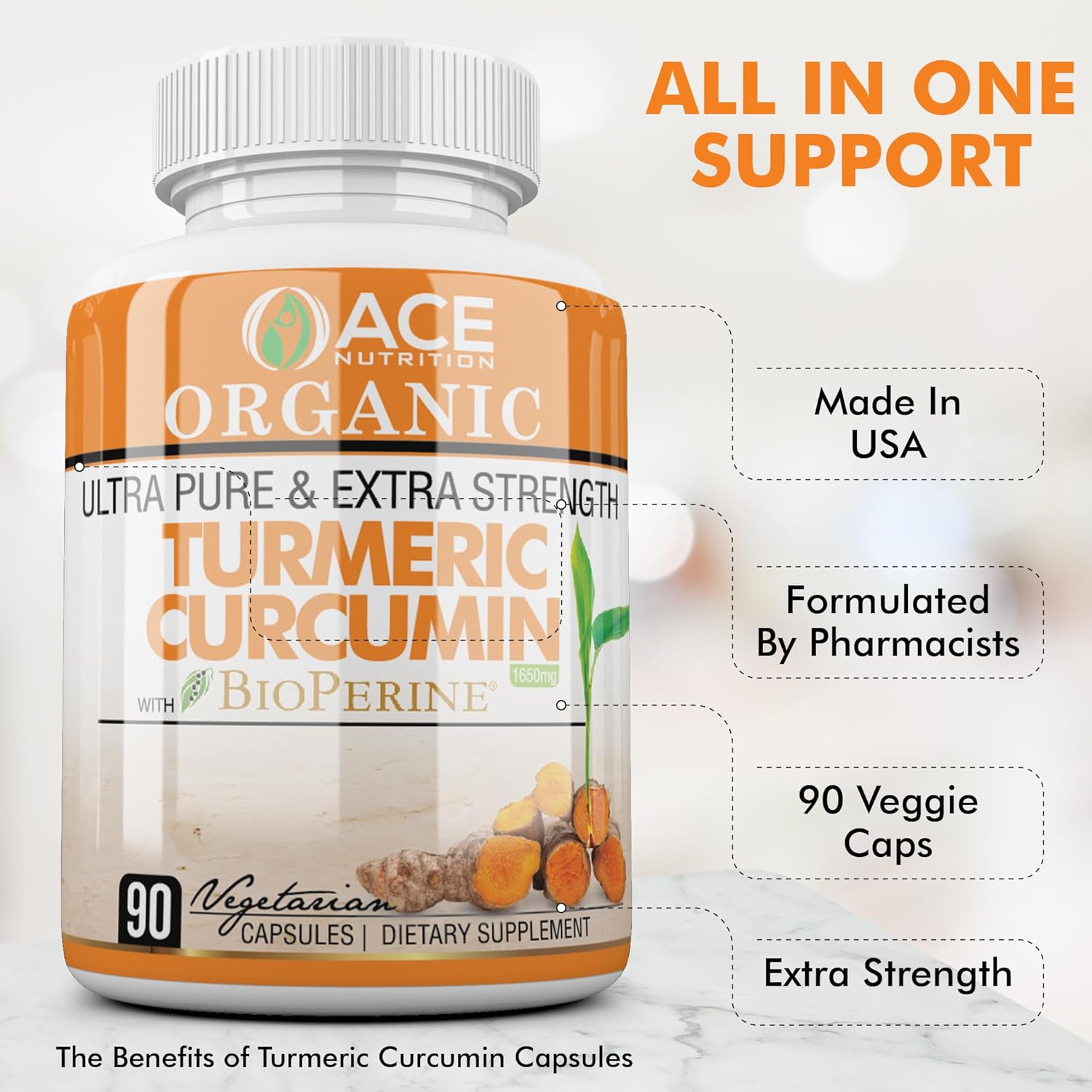 ACE NUTRITION Turmeric Curcumin Capsules with Black Pepper and Bioperine - 90 Count Vegan Supplements - 1650 mg Non-GMO Turmeric Formula