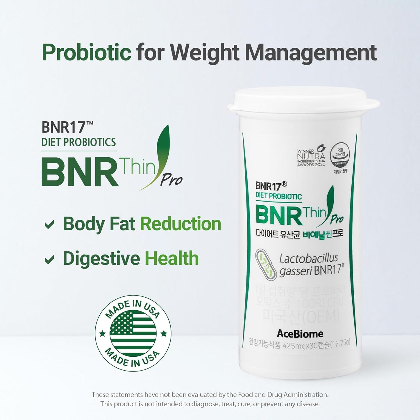 AceBiome BNRThin Pro Supplement - 30 Capsules x 3 Packs, Lactobacillus Gasseri BNR17, 10 Billion CFU for Digestive Health