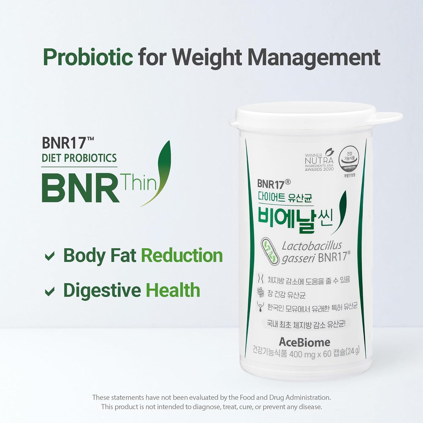 AceBiome BNRThin Probiotic for Weight Management with Lactobacillus gasseri BNR17 - 60 Capsules x6packs, 10 Billion CFU Guaranteed for Digestive Health
