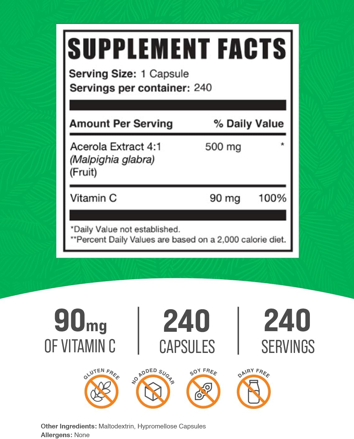 Acerola Cherry Vitamin C Supplement Capsules - Gluten Free, 240 Veg Capsules - BulkSupplements.com
