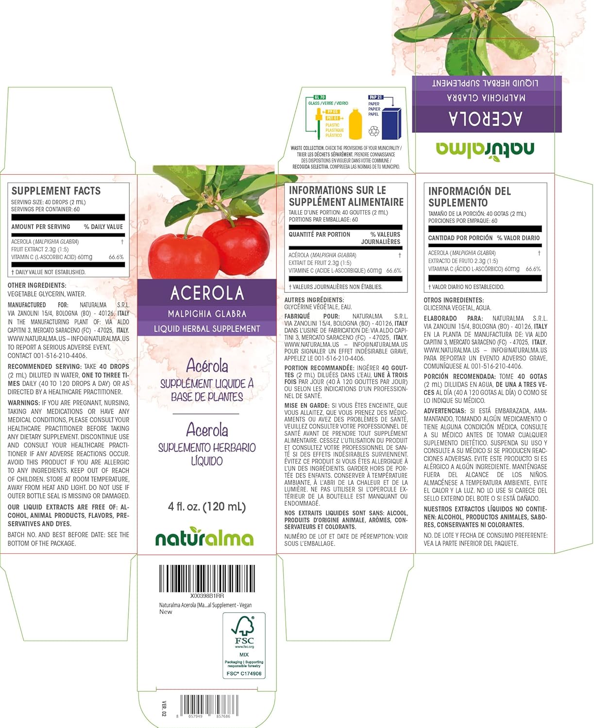 Acerola Fruit Liquid Extract Drops - Alcohol-Free Tincture - High Vitamin C Content - 4 fl oz - Herbal Vegan Supplement