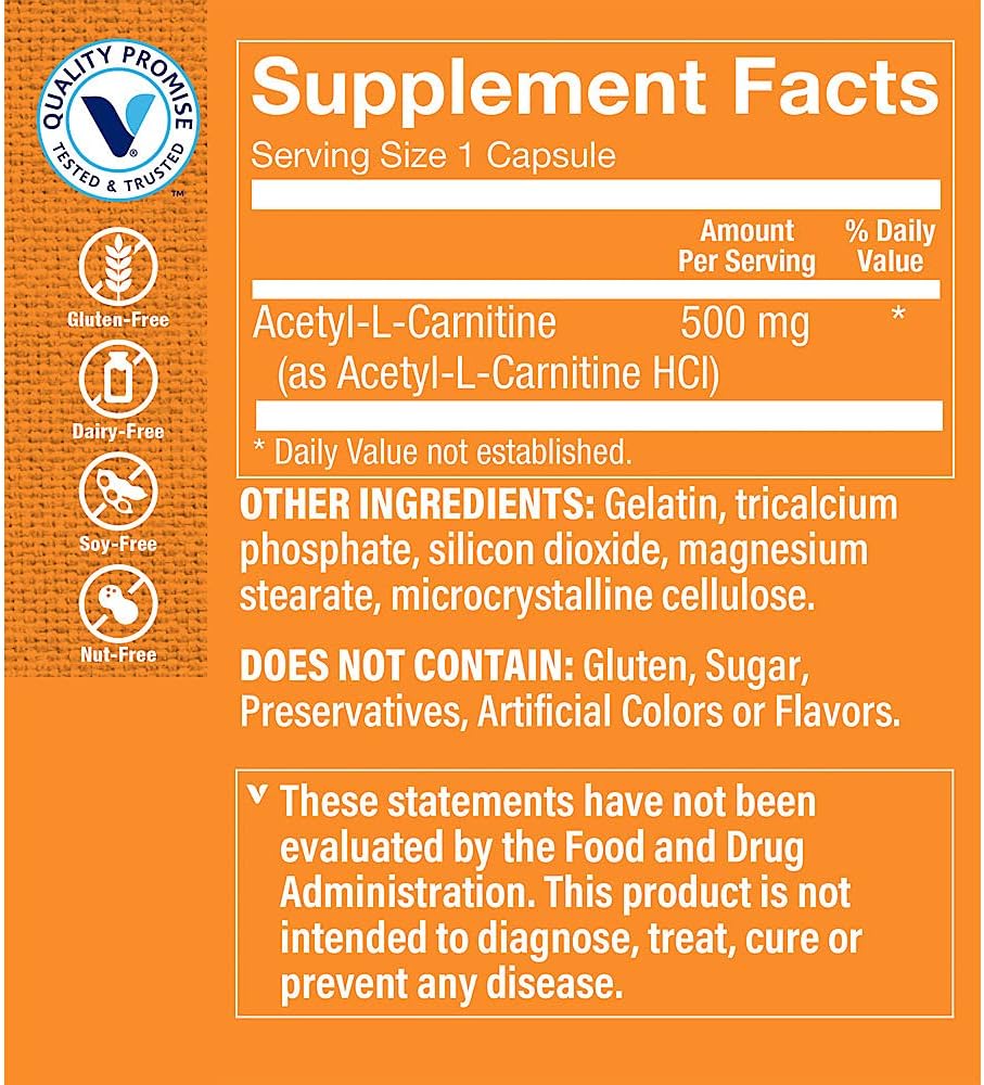 Acetyl-L-Carnitine 500mg - Promotes Brain Health, Memory Function & Energy Production - Carnipure™ Pure L-Carnitine (120 Capsules)