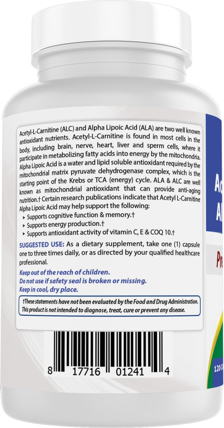 Acetyl L-Carnitine and Alpha Lipoic Acid Capsules - 750mg, 120 Count (Pack of 3) | Best Naturals