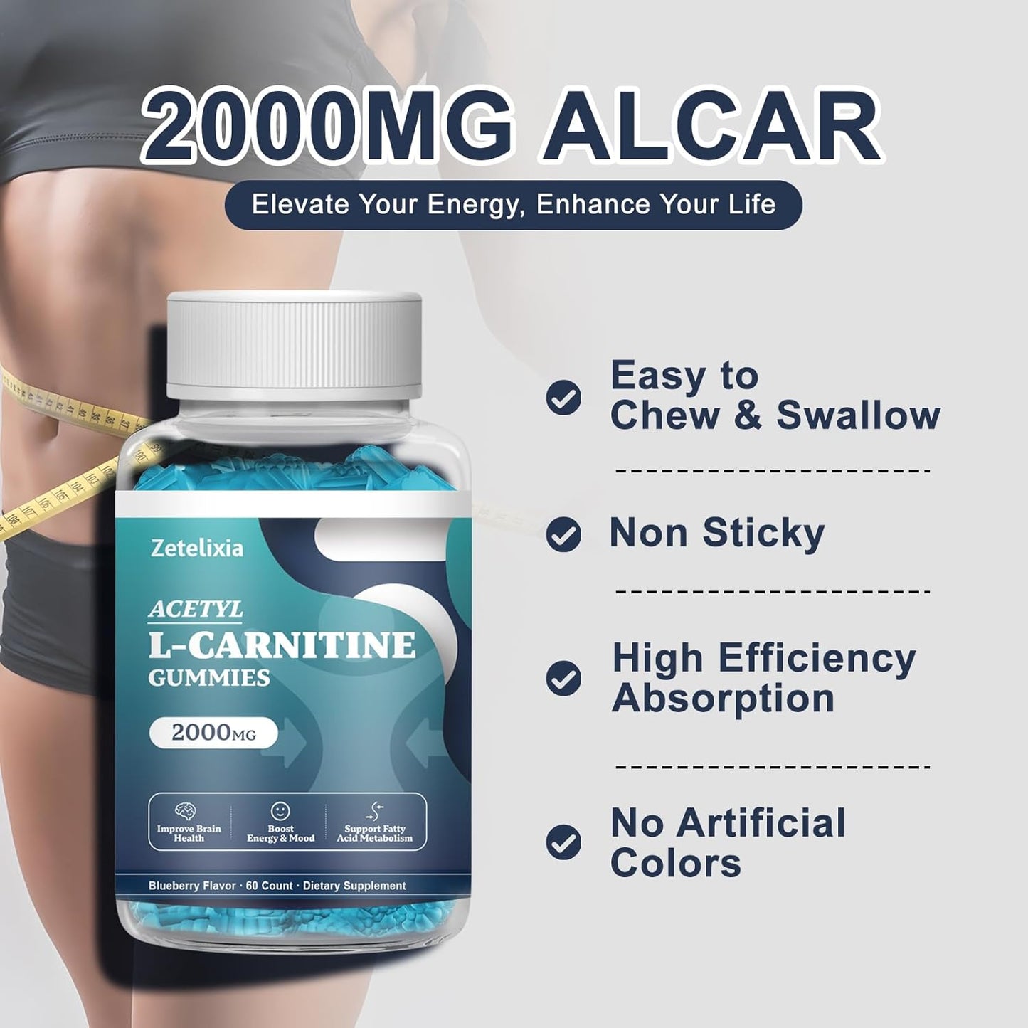 Acetyl L-Carnitine Gummies with Vitamin C & B12 - Energy & Brain Support for Women & Men - 60 Vegan Gummies