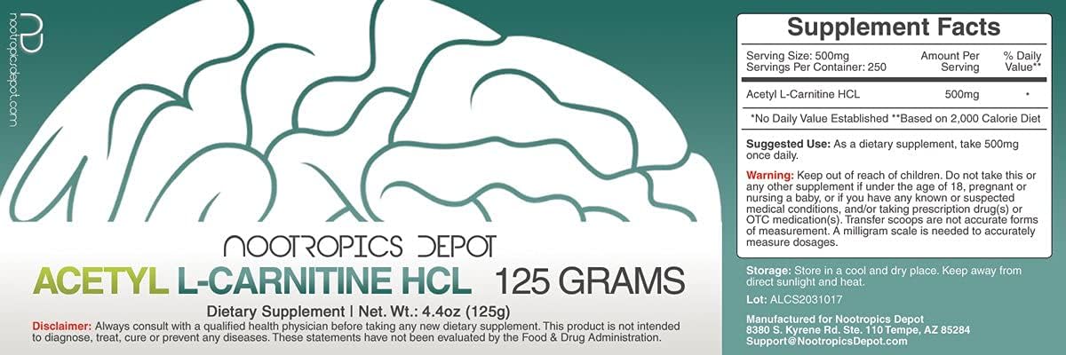 Acetyl L-Carnitine Powder (HCL Form) - 125g ALCAR Supplement for Energy, Slimming Formula, and Healthy Aging