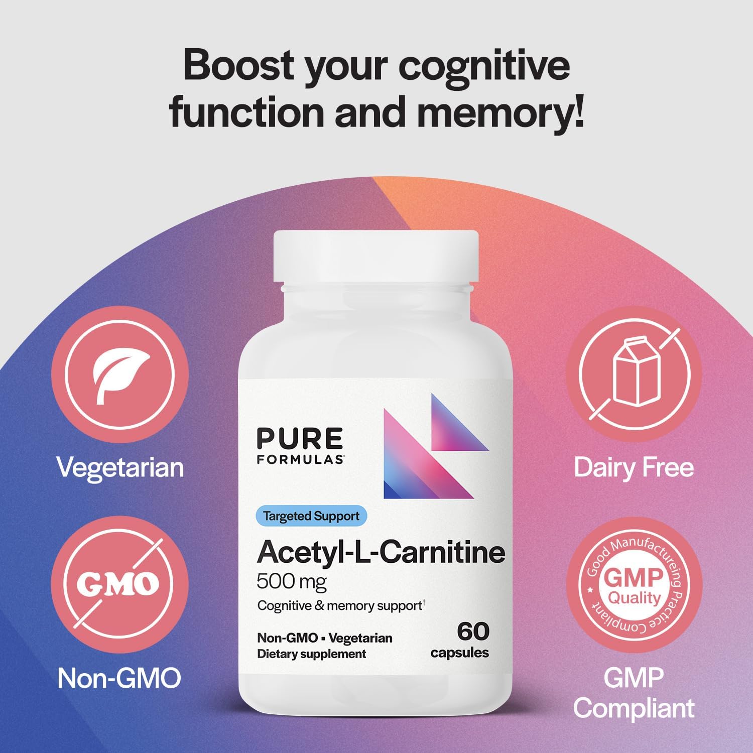 Acetyl L-Carnitine Supplement for Brain & Memory Support - 500mg, 60 Capsules, Non-GMO & Dairy Free - PureFormulas Alcar Focus Formula