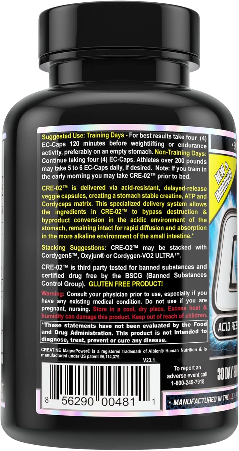 Acid Resistant Creatine Supplement with Cordyceps and Rhodiola - BSCG Certified - 120 Capsules