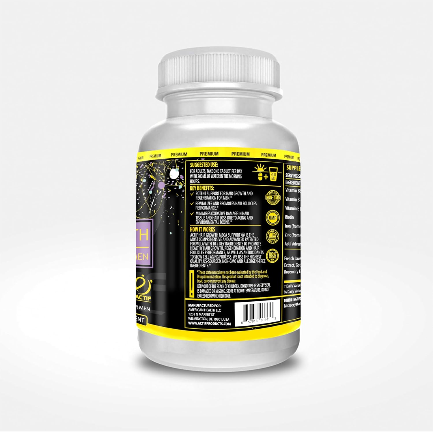 ACTIF Hair Growth for Men Mega Support 10+ - Non-GMO Formula to Stop 99% Hair Loss - 60 Count - Made in USA