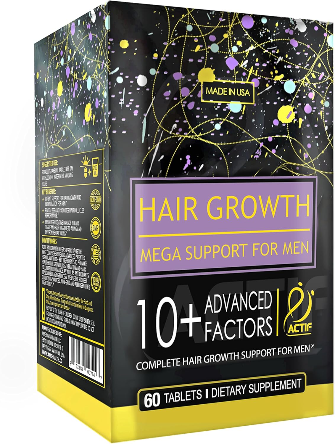 ACTIF Hair Growth for Men Mega Support 10+ - Non-GMO Formula to Stop 99% Hair Loss - 60 Count - Made in USA